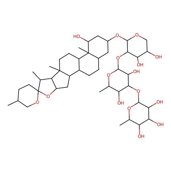 2D Structure of (2S,3R,4R,5R,6S)-2-[(2S,3R,4R,5R,6S)-2-[(2S,3R,4S,5R)-4,5-dihydroxy-2-[(9S,13S,14R,16R)-14-hydroxy-5',7,9,13-tetramethylspiro[5-oxapentacyclo[10.8.0.02,9.04,8.013,18]icosane-6,2'-oxane]-16-yl]oxyoxan-3-yl]oxy-3,5-dihydroxy-6-methyloxan-4-yl]oxy-6-methyloxane-3,4,5-triol