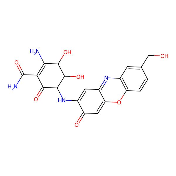 2D Structure of (3R,4R,5R)-2-amino-3,4-dihydroxy-5-[[8-(hydroxymethyl)-3-oxophenoxazin-2-yl]amino]-6-oxocyclohexene-1-carboxamide