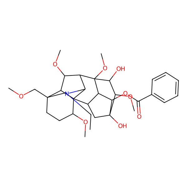 2D Structure of Aconitane-13,14,15-triol, 20-ethyl-1,6,8,16-tetramethoxy-4-(methoxymethyl)-, 14-benzoate, (1alpha,6alpha,14alpha,15alpha,16beta)-