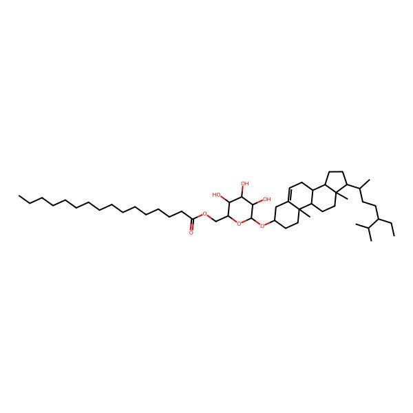 2D Structure of [(2R,3S,4S,5R,6R)-6-[[(3S,10R,13R,17R)-17-[(2R,5S)-5-ethyl-6-methylheptan-2-yl]-10,13-dimethyl-2,3,4,7,8,9,11,12,14,15,16,17-dodecahydro-1H-cyclopenta[a]phenanthren-3-yl]oxy]-3,4,5-trihydroxyoxan-2-yl]methyl hexadecanoate