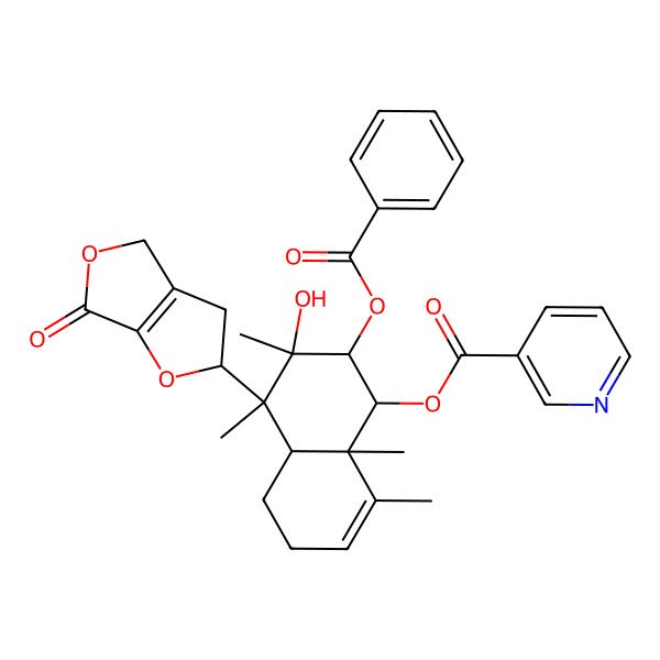 2D Structure of [(1R,2S,3R,4S,4aS,8aR)-2-benzoyloxy-3-hydroxy-3,4,8,8a-tetramethyl-4-[(2R)-6-oxo-3,4-dihydro-2H-furo[2,3-c]furan-2-yl]-2,4a,5,6-tetrahydro-1H-naphthalen-1-yl] pyridine-3-carboxylate