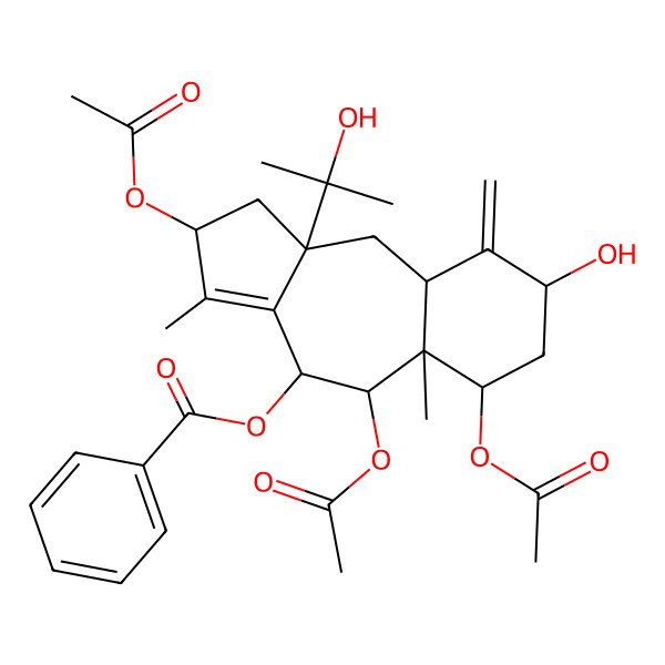 2D Structure of (1S)-11,15-Seco-1,11-cyclotaxa-4(20),11-diene-5alpha,7beta,9alpha,10beta,13alpha,15-hexol 10-benzoate 7,9,13-triacetate 2D Structure of (1S)-11,15-Seco-1,11-cyclotaxa-4(20),11-diene-5alpha,7beta,9alpha,10beta,13alpha,15-hexol 10-benzoate 7,9,13-triacetate