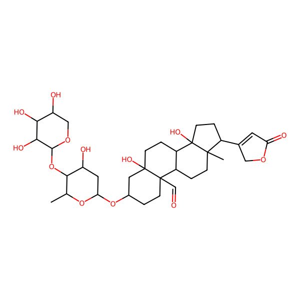 2D Structure of (3S,5S,10S,13R,14S)-5,14-dihydroxy-3-[(2R,4S,5S,6R)-4-hydroxy-6-methyl-5-[(2S,3R,4S,5R)-3,4,5-trihydroxyoxan-2-yl]oxyoxan-2-yl]oxy-13-methyl-17-(5-oxo-2H-furan-3-yl)-2,3,4,6,7,8,9,11,12,15,16,17-dodecahydro-1H-cyclopenta[a]phenanthrene-10-carbaldehyde