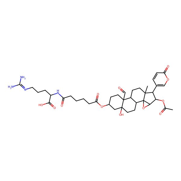 2D Structure of (2S)-2-[[6-[[(1R,2S,4R,5R,6R,7R,10S,11S,14S,16S)-5-acetyloxy-11-formyl-16-hydroxy-7-methyl-6-(6-oxopyran-3-yl)-3-oxapentacyclo[8.8.0.02,4.02,7.011,16]octadecan-14-yl]oxy]-6-oxohexanoyl]amino]-5-(diaminomethylideneamino)pentanoic acid