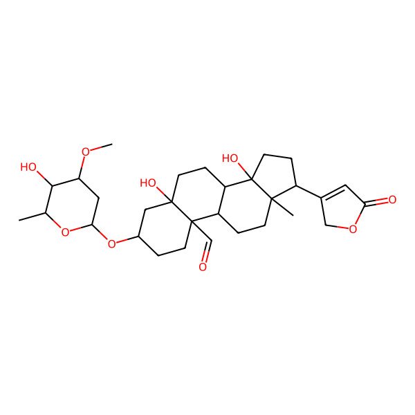 2D Structure of (3S,5S)-5,14-dihydroxy-3-[(2R,4S,5R,6R)-5-hydroxy-4-methoxy-6-methyloxan-2-yl]oxy-13-methyl-17-(5-oxo-2H-furan-3-yl)-2,3,4,6,7,8,9,11,12,15,16,17-dodecahydro-1H-cyclopenta[a]phenanthrene-10-carbaldehyde