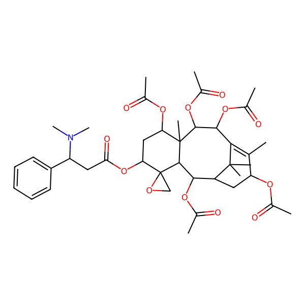 2D Structure of [(1'R,2S,2'R,3'R,5'S,7'S,8'S,9'R,10'R,13'S)-2',7',9',10',13'-pentaacetyloxy-8',12',15',15'-tetramethylspiro[oxirane-2,4'-tricyclo[9.3.1.03,8]pentadec-11-ene]-5'-yl] (3R)-3-(dimethylamino)-3-phenylpropanoate