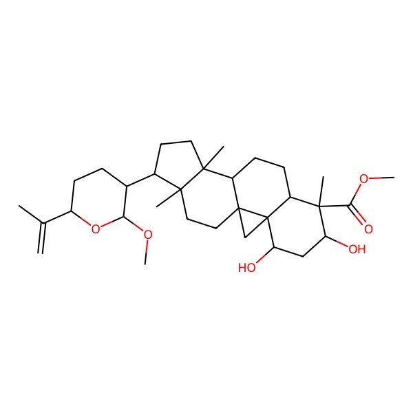 2D Structure of methyl (1S,3S,4S,6S,7S,8R,11S,12S,15R,16R)-4,6-dihydroxy-15-[(2S,3R,6S)-2-methoxy-6-prop-1-en-2-yloxan-3-yl]-7,12,16-trimethylpentacyclo[9.7.0.01,3.03,8.012,16]octadecane-7-carboxylate