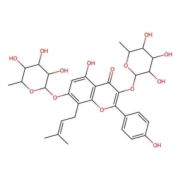 2D Structure of 5-hydroxy-2-(4-hydroxyphenyl)-8-(3-methylbut-2-enyl)-7-[(2S,3R,4R,5S,6S)-3,4,5-trihydroxy-6-methyloxan-2-yl]oxy-3-[(2S,3R,4R,5R,6S)-3,4,5-trihydroxy-6-methyloxan-2-yl]oxychromen-4-one