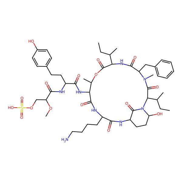 2D Structure of [(2R)-3-[[(2R)-1-[[(2S,5S,8S,11R,12S,15S,18S,21R)-15-(4-aminobutyl)-5-benzyl-2,8-bis[(2S)-butan-2-yl]-21-hydroxy-4,11-dimethyl-3,6,9,13,16,22-hexaoxo-10-oxa-1,4,7,14,17-pentazabicyclo[16.3.1]docosan-12-yl]amino]-4-(4-hydroxyphenyl)-1-oxobutan-2-yl]amino]-2-methoxy-3-oxopropyl] hydrogen sulfate