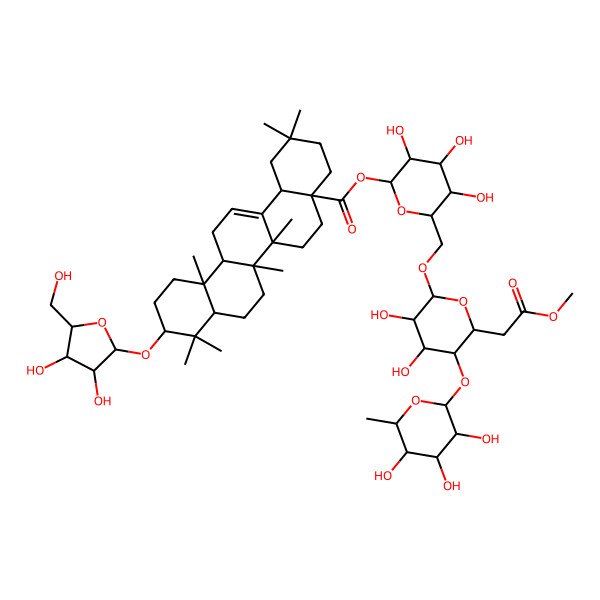 2D Structure of [(2S,3S,4R,5R,6S)-6-[[(2R,3S,4S,6S)-3,4-dihydroxy-6-(2-methoxy-2-oxoethyl)-5-[(2S,3R,4R,5S,6S)-3,4,5-trihydroxy-6-methyloxan-2-yl]oxyoxan-2-yl]oxymethyl]-3,4,5-trihydroxyoxan-2-yl] (6aS)-10-[(2R,3R,4R,5S)-3,4-dihydroxy-5-(hydroxymethyl)oxolan-2-yl]oxy-2,2,6a,6b,9,9,12a-heptamethyl-1,3,4,5,6,6a,7,8,8a,10,11,12,13,14b-tetradecahydropicene-4a-carboxylate