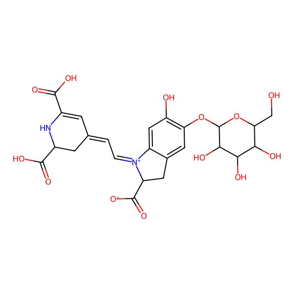 2D Structure of (2S)-1-[(2Z)-2-[(2R)-2,6-dicarboxy-2,3-dihydro-1H-pyridin-4-ylidene]ethylidene]-6-hydroxy-5-[(2S,3R,4S,5S,6R)-3,4,5-trihydroxy-6-(hydroxymethyl)oxan-2-yl]oxy-2,3-dihydroindol-1-ium-2-carboxylate