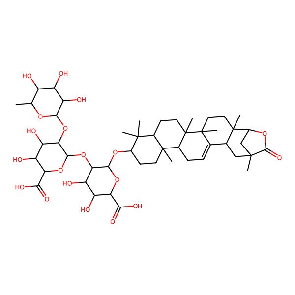 2D Structure of (2R,3R,4R,5S,6S)-5-[(2R,3S,4R,5R,6R)-6-carboxy-4,5-dihydroxy-3-[(2R,3S,4S,5S,6R)-3,4,5-trihydroxy-6-methyloxan-2-yl]oxyoxan-2-yl]oxy-6-[[(1S,2S,6S,11R,14S,21S)-2,5,6,10,10,14,21-heptamethyl-22-oxo-23-oxahexacyclo[19.2.1.02,19.05,18.06,15.09,14]tetracos-17-en-11-yl]oxy]-3,4-dihydroxyoxane-2-carboxylic acid