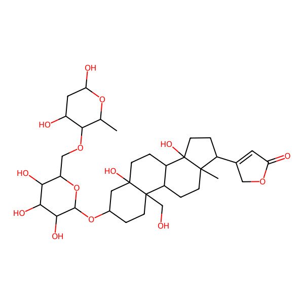 2D Structure of 3-[(5S,10R,13R,14S)-3-[6-[(4,6-dihydroxy-2-methyloxan-3-yl)oxymethyl]-3,4,5-trihydroxyoxan-2-yl]oxy-5,14-dihydroxy-10-(hydroxymethyl)-13-methyl-2,3,4,6,7,8,9,11,12,15,16,17-dodecahydro-1H-cyclopenta[a]phenanthren-17-yl]-2H-furan-5-one