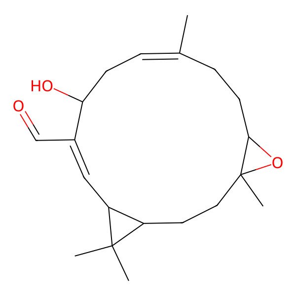 2D Structure of (1R,4R,6R,9E,12S,13Z,15R)-12-hydroxy-4,9,16,16-tetramethyl-5-oxatricyclo[13.1.0.04,6]hexadeca-9,13-diene-13-carbaldehyde