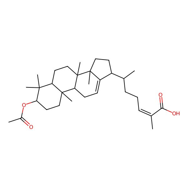 2D Structure of (E,6R)-6-[(3S,5R,8S,9S,10R,14R,17R)-3-acetoxy-4,4,8,10,14-pentamethyl-2,3,5,6,7,9,11,15,16,17-decahydro-1H-cyclopenta[a]phenanthren-17-yl]-2-methyl-hept-2-enoic acid
