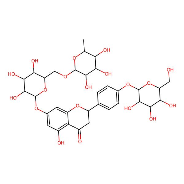 2D Structure of 5-hydroxy-2-[4-[(2R,3R,4S,5R,6R)-3,4,5-trihydroxy-6-(hydroxymethyl)oxan-2-yl]oxyphenyl]-7-[(2S,3R,4S,5S,6R)-3,4,5-trihydroxy-6-[[(2R,3R,4R,5R,6S)-3,4,5-trihydroxy-6-methyloxan-2-yl]oxymethyl]oxan-2-yl]oxy-2,3-dihydrochromen-4-one