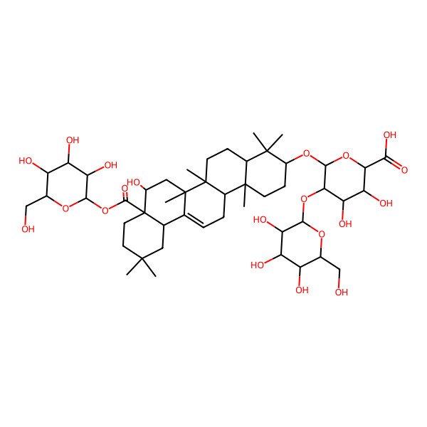 2D Structure of (2S,3S,4S,5R,6R)-6-[[(3S,4aR,6aR,6bS,8R,8aR,12aS,14aR,14bR)-8-hydroxy-4,4,6a,6b,11,11,14b-heptamethyl-8a-[(2S,3R,4S,5S,6R)-3,4,5-trihydroxy-6-(hydroxymethyl)oxan-2-yl]oxycarbonyl-1,2,3,4a,5,6,7,8,9,10,12,12a,14,14a-tetradecahydropicen-3-yl]oxy]-3,4-dihydroxy-5-[(2S,3R,4S,5S,6R)-3,4,5-trihydroxy-6-(hydroxymethyl)oxan-2-yl]oxyoxane-2-carboxylic acid