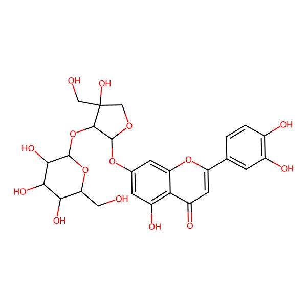 2D Structure of 2-(3,4-dihydroxyphenyl)-5-hydroxy-7-[(2S,3R)-4-hydroxy-4-(hydroxymethyl)-3-[(2S,3R,4S,5S,6R)-3,4,5-trihydroxy-6-(hydroxymethyl)oxan-2-yl]oxyoxolan-2-yl]oxychromen-4-one