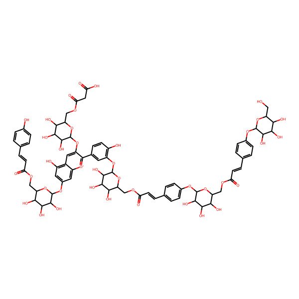 2D Structure of 3-oxo-3-[[(2R,3S,4S,5R,6S)-3,4,5-trihydroxy-6-[5-hydroxy-2-[4-hydroxy-3-[(2S,3R,4S,5S,6R)-3,4,5-trihydroxy-6-[[(E)-3-[4-[(2S,3R,4S,5S,6R)-3,4,5-trihydroxy-6-[[(E)-3-[4-[(2S,3R,4S,5S,6R)-3,4,5-trihydroxy-6-(hydroxymethyl)oxan-2-yl]oxyphenyl]prop-2-enoyl]oxymethyl]oxan-2-yl]oxyphenyl]prop-2-enoyl]oxymethyl]oxan-2-yl]oxyphenyl]-7-[(2S,3R,4S,5S,6R)-3,4,5-trihydroxy-6-[3-(4-hydroxyphenyl)prop-2-enoyloxymethyl]oxan-2-yl]oxychromenylium-3-yl]oxyoxan-2-yl]methoxy]propanoic acid