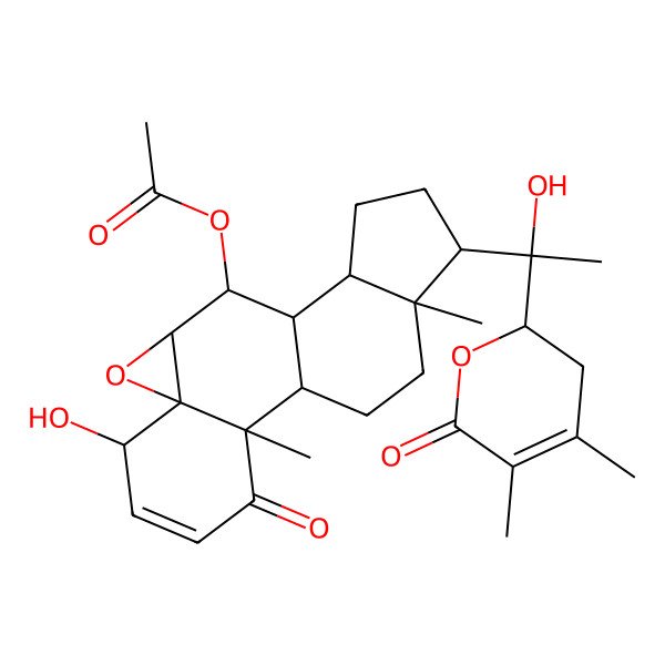 2D Structure of [(1S,2R,6S,7R,9R,10R,11S,12S,15S,16S)-15-[(1R)-1-[(2R)-4,5-dimethyl-6-oxo-2,3-dihydropyran-2-yl]-1-hydroxyethyl]-6-hydroxy-2,16-dimethyl-3-oxo-8-oxapentacyclo[9.7.0.02,7.07,9.012,16]octadec-4-en-10-yl] acetate