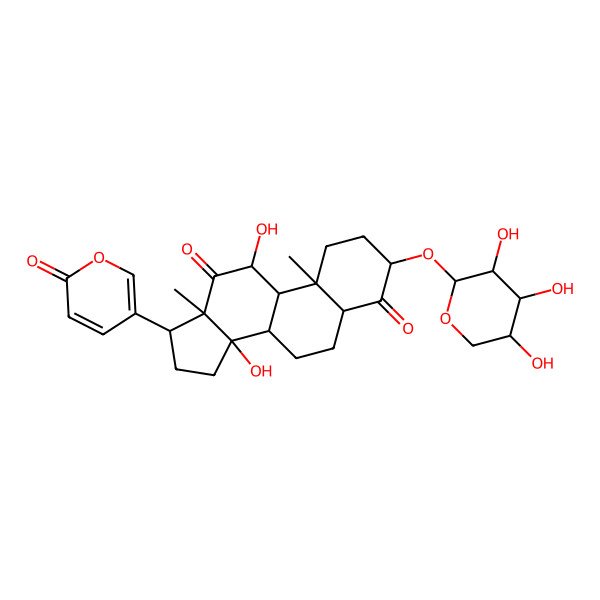 2D Structure of (3S,5S,8R,9S,10R,11S,13R,14S,17R)-11,14-dihydroxy-10,13-dimethyl-17-(6-oxopyran-3-yl)-3-[(2S,3R,4S,5R)-3,4,5-trihydroxyoxan-2-yl]oxy-1,2,3,5,6,7,8,9,11,15,16,17-dodecahydrocyclopenta[a]phenanthrene-4,12-dione