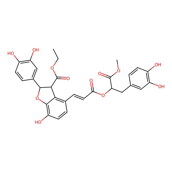 2D Structure of ethyl (2S,3S)-2-(3,4-dihydroxyphenyl)-4-[(E)-3-[(2R)-3-(3,4-dihydroxyphenyl)-1-methoxy-1-oxopropan-2-yl]oxy-3-oxoprop-1-enyl]-7-hydroxy-2,3-dihydro-1-benzofuran-3-carboxylate