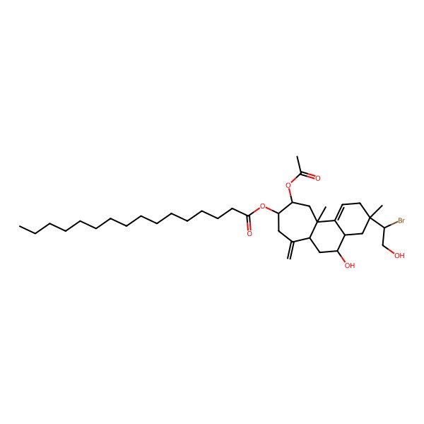 2D Structure of (3S,betaR)-10alpha-Acetyloxy-beta-bromo-3,4,4aalpha,5,6,6abeta,7,8,9,10,11,11a-dodecahydro-5alpha-hydroxy-3,11aalpha-dimethyl-7-methylene-9beta-[(1-oxohexadecyl)oxy]-2H-cyclohepta[a]naphthalene-3alpha-ethanol