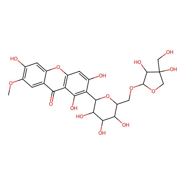 2D Structure of 2-[(3R,5S,6R)-6-[[(2R,3R,4R)-3,4-dihydroxy-4-(hydroxymethyl)oxolan-2-yl]oxymethyl]-3,4,5-trihydroxyoxan-2-yl]-1,3,6-trihydroxy-7-methoxyxanthen-9-one