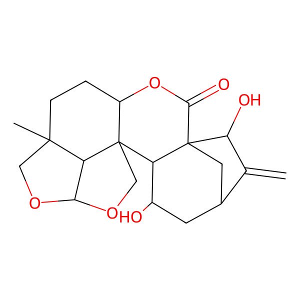 2D Structure of (1S,2S,3R,5S,7R,8S,11S,14R,17S,20R)-3,7-dihydroxy-14-methyl-6-methylidene-10,16,18-trioxahexacyclo[12.5.1.15,8.01,11.02,8.017,20]henicosan-9-one