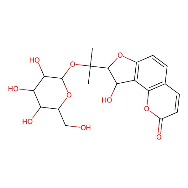 2D Structure of 9-Hydroxy-8-[2-[3,4,5-trihydroxy-6-(hydroxymethyl)oxan-2-yl]oxypropan-2-yl]-8,9-dihydrofuro[2,3-h]chromen-2-one