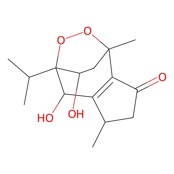 2D Structure of (1R,5R,7R,8S,12S)-7,12-dihydroxy-1,5-dimethyl-8-propan-2-yl-9,10-dioxatricyclo[6.2.2.02,6]dodec-2(6)-en-3-one