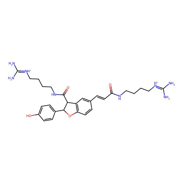 2D Structure of diaminomethylidene-[4-[[5-[(E)-3-[4-(diaminomethylideneazaniumyl)butylamino]-3-oxoprop-1-enyl]-2-(4-hydroxyphenyl)-2,3-dihydro-1-benzofuran-3-carbonyl]amino]butyl]azanium