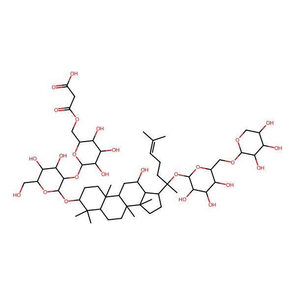 2D Structure of 3-[[(2R,3S,4S,5R,6S)-6-[(2R,3R,4S,5S,6R)-4,5-dihydroxy-6-(hydroxymethyl)-2-[[(8R,10R)-12-hydroxy-4,4,8,10,14-pentamethyl-17-[(2S)-6-methyl-2-[(2S,3R,4S,5S,6R)-3,4,5-trihydroxy-6-[[(2S,3R,4S,5R)-3,4,5-trihydroxyoxan-2-yl]oxymethyl]oxan-2-yl]oxyhept-5-en-2-yl]-2,3,5,6,7,9,11,12,13,15,16,17-dodecahydro-1H-cyclopenta[a]phenanthren-3-yl]oxy]oxan-3-yl]oxy-3,4,5-trihydroxyoxan-2-yl]methoxy]-3-oxopropanoic acid