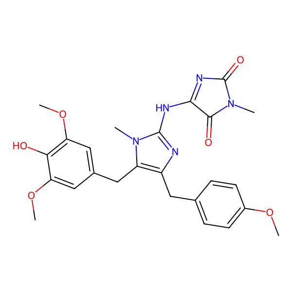 2D Structure of 5-[[5-[(4-hydroxy-3,5-dimethoxyphenyl)methyl]-4-[(4-methoxyphenyl)methyl]-1-methylimidazol-2-yl]amino]-3-methylimidazole-2,4-dione