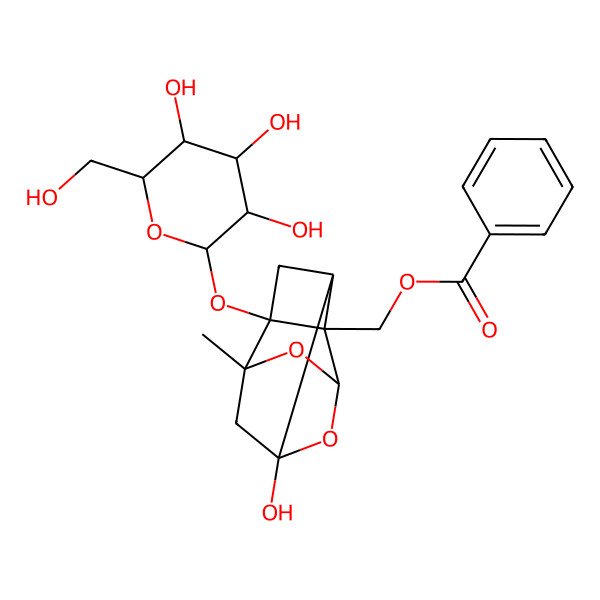 2D Structure of [(1R,2S,3S,5S,6R,8S)-6-hydroxy-8-methyl-3-[(2S,3R,4S,5S,6R)-3,4,5-trihydroxy-6-(hydroxymethyl)oxan-2-yl]oxy-9,10-dioxatetracyclo[4.3.1.02,5.03,8]decan-2-yl]methyl benzoate