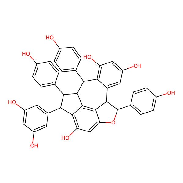 2D Structure of (1R,5R,6R,6aS,7S,9aR)-1,6,7-Tris(4-hydroxyphenyl)-5-(3,5-dihydroxyphenyl)-8,9-(1,3-dihydroxy-2-butene-1,4-diylidene)-6,6a,7,8,9,9a-hexahydro-5H-2-oxa-1H-cyclohepta[jkl]-as-indacene-4-ol