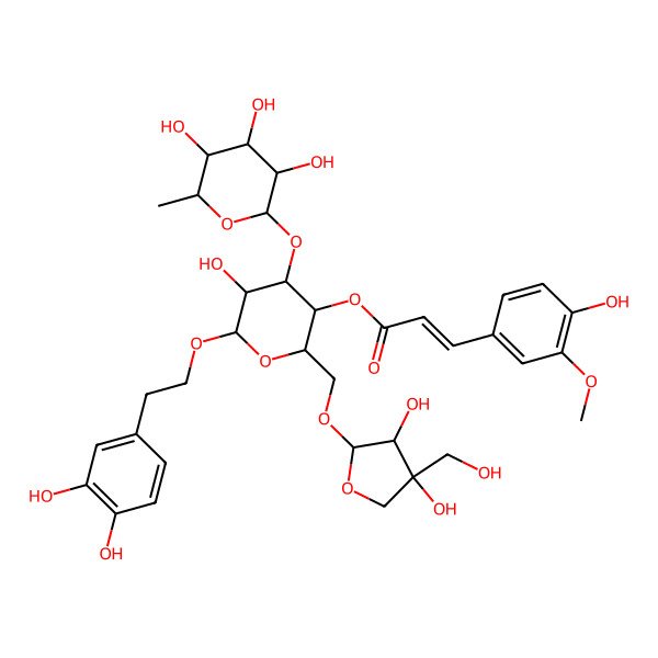 2D Structure of [(2R,3R,4R,5R,6R)-2-[[3,4-dihydroxy-4-(hydroxymethyl)oxolan-2-yl]oxymethyl]-6-[2-(3,4-dihydroxyphenyl)ethoxy]-5-hydroxy-4-[(2S,3R,4R,5R,6S)-3,4,5-trihydroxy-6-methyloxan-2-yl]oxyoxan-3-yl] (E)-3-(4-hydroxy-3-methoxyphenyl)prop-2-enoate