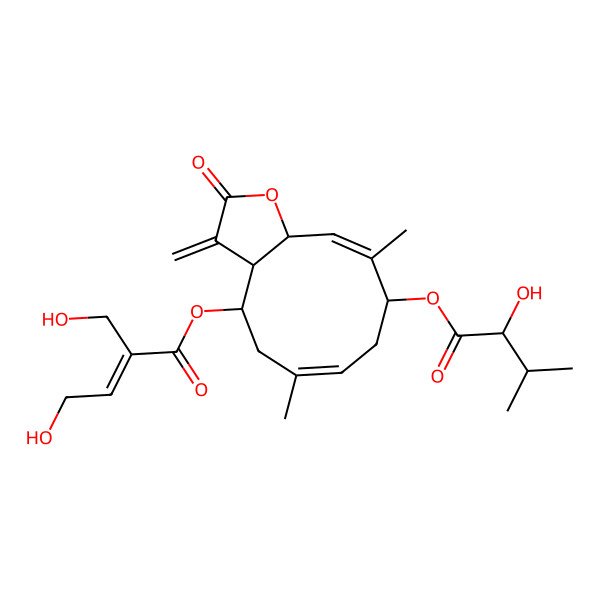 2D Structure of [(4R,6E,9S,10Z)-9-(2-hydroxy-3-methylbutanoyl)oxy-6,10-dimethyl-3-methylidene-2-oxo-3a,4,5,8,9,11a-hexahydrocyclodeca[b]furan-4-yl] (E)-4-hydroxy-2-(hydroxymethyl)but-2-enoate
