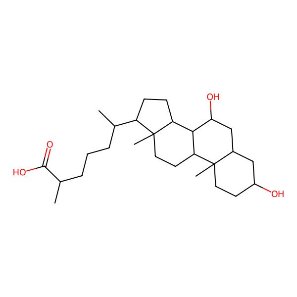 2D Structure of (6R)-6-[(3R,5S,7R,9S,10S,13R,14S,17R)-3,7-dihydroxy-10,13-dimethyl-2,3,4,5,6,7,8,9,11,12,14,15,16,17-tetradecahydro-1H-cyclopenta[a]phenanthren-17-yl]-2-methylheptanoic acid