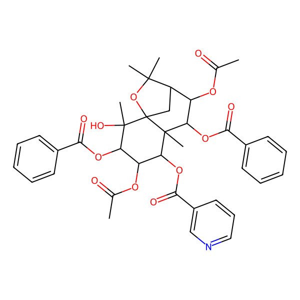 2D Structure of [(1R,2S,3S,4S,5R,6R,7R,8S,9S)-4,8-diacetyloxy-3,7-dibenzoyloxy-2-hydroxy-2,6,10,10-tetramethyl-11-oxatricyclo[7.2.1.01,6]dodecan-5-yl] pyridine-3-carboxylate