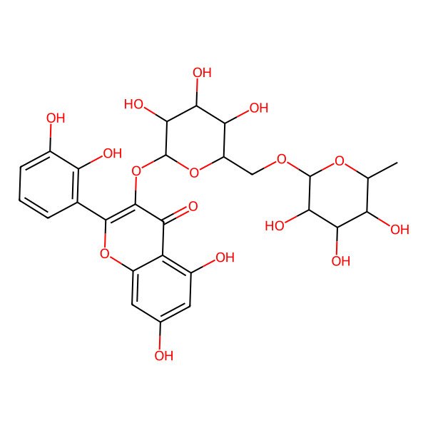 2D Structure of 2-(2,3-Dihydroxyphenyl)-5,7-dihydroxy-3-[3,4,5-trihydroxy-6-[(3,4,5-trihydroxy-6-methyloxan-2-yl)oxymethyl]oxan-2-yl]oxychromen-4-one