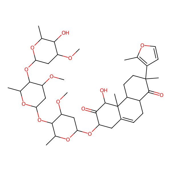 2D Structure of (2R,4aS,4bR,5S,7R,10aR)-5-hydroxy-7-[(2S,4S,5R,6R)-5-[(2S,4S,5R,6S)-5-[(2S,4S,5R,6R)-5-hydroxy-4-methoxy-6-methyloxan-2-yl]oxy-4-methoxy-6-methyloxan-2-yl]oxy-4-methoxy-6-methyloxan-2-yl]oxy-2,4b-dimethyl-2-(2-methylfuran-3-yl)-3,4,4a,5,7,8,10,10a-octahydrophenanthrene-1,6-dione