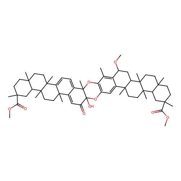 2D Structure of dimethyl (3S,8S,11S,14R,16R,17S,20R,24S,29R,32S,33R,35R,38S,41R,42R,44S)-24-hydroxy-44-methoxy-3,8,11,14,17,20,29,32,35,38,41,46-dodecamethyl-23-oxo-2,25-dioxaundecacyclo[24.20.0.03,24.04,21.07,20.08,17.011,16.028,45.029,42.032,41.033,38]hexatetraconta-1(26),4,6,21,27,45-hexaene-14,35-dicarboxylate