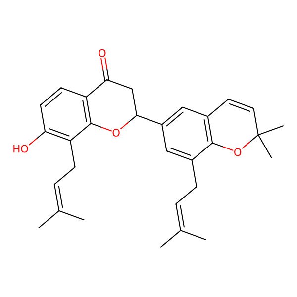 2D Structure of (2S)-2-[2,2-dimethyl-8-(3-methylbut-2-enyl)chromen-6-yl]-7-hydroxy-8-(3-methylbut-2-enyl)-2,3-dihydrochromen-4-one