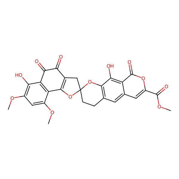 2D Structure of (2R)-6',10-Dihydroxy-7',9'-dimethoxy-4',5',9-trioxo-4,4',5',9-tetrahydrospiro[benzo[1,2-b:5,4-c']dipyran-2(3H),2'(3'H)-naphtho[1,2-b]furan]-7-carboxylic acid methyl ester