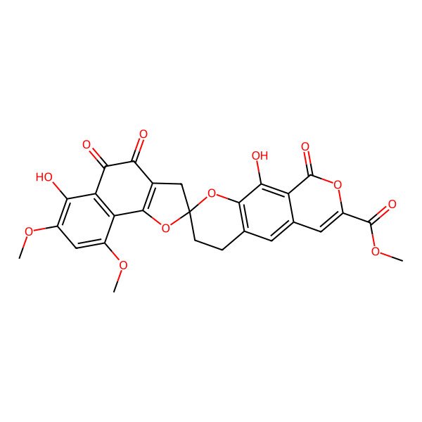 2D Structure of methyl (2R)-6',10-dihydroxy-7',9'-dimethoxy-4',5',9-trioxospiro[3,4-dihydropyrano[4,3-g]chromene-2,2'-3H-benzo[g][1]benzofuran]-7-carboxylate