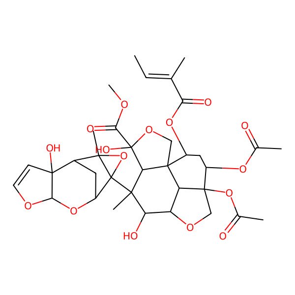 2D Structure of methyl (1S,5R,6S,7S,8R,11S,12R,14S)-11,12-diacetyloxy-4,7-dihydroxy-6-[(6S,8R,9R)-2-hydroxy-11-methyl-5,7,10-trioxatetracyclo[6.3.1.02,6.09,11]dodec-3-en-9-yl]-6-methyl-14-[(E)-2-methylbut-2-enoyl]oxy-3,9-dioxatetracyclo[6.6.1.01,5.011,15]pentadecane-4-carboxylate