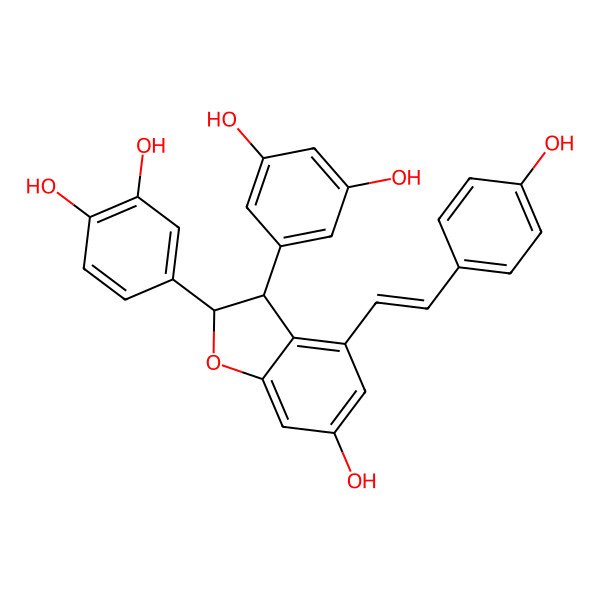 2D Structure of 4-[(2R,3R)-3-(3,5-dihydroxyphenyl)-6-hydroxy-4-[(E)-2-(4-hydroxyphenyl)vinyl]-2,3-dihydrobenzofuran-2-yl]benzene-1,2-diol