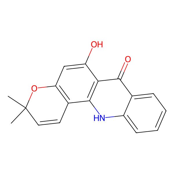 2D Structure of 7H-Pyrano(2,3-c)acridin-7-one, 3,12-dihydro-6-hydroxy-3,3-dimethyl-