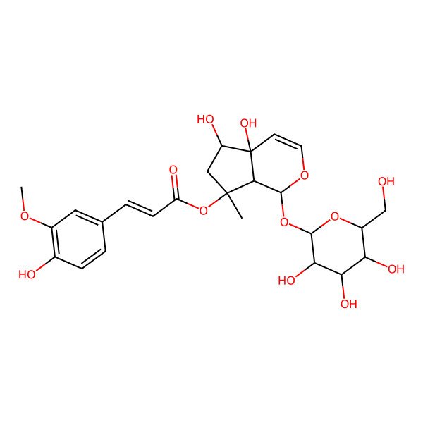 2D Structure of [(4aS,5R,7S,7aS)-4a,5-dihydroxy-7-methyl-1-[(2S,3R,4S,5S,6R)-3,4,5-trihydroxy-6-(hydroxymethyl)oxan-2-yl]oxy-1,5,6,7a-tetrahydrocyclopenta[c]pyran-7-yl] (E)-3-(4-hydroxy-3-methoxyphenyl)prop-2-enoate
